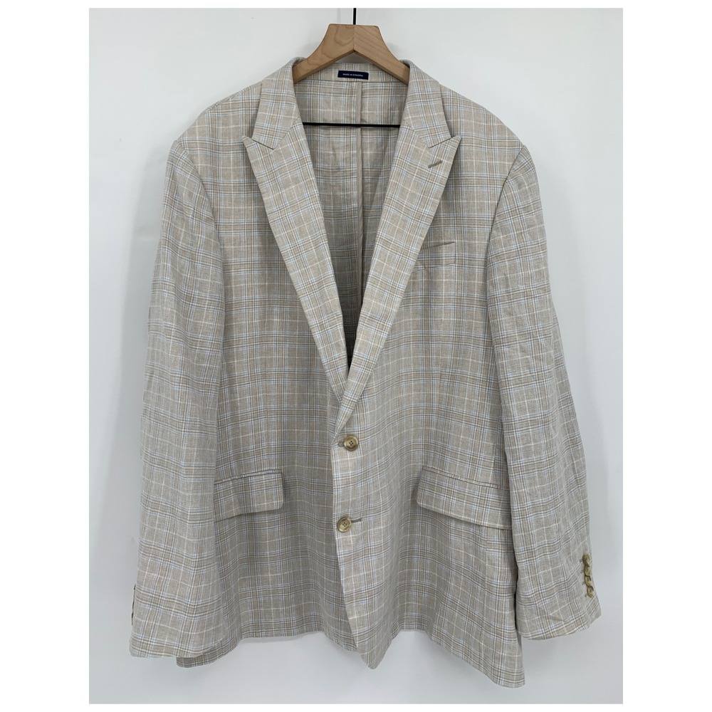 Stafford Blazer Jacket Mens 52R Tan Blue Plaid Linen Cotton Unstructured